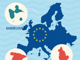 Affiche illustrant le projet eTwinning Mi isla, mi Europa : carte stylisée de l’Europe avec la Guadeloupe, l’Espagne et l’Angleterre reliées par des lignes pointillées, sur fond bleu avec le drapeau européen au centre.