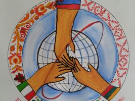 Hands of the three schools meeting on the globe surrounded by the traditional patterns represent the participiants´ countries, that stick together. 