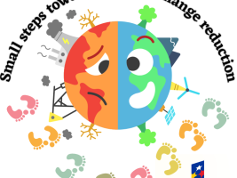 The Small Steps to Reduce Climate Change logo includes a title above the image, a globe in the middle with different halves: healthy and damaged, and many small steps below.