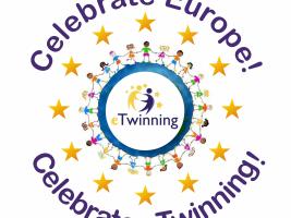 The image is a logo of the project which contains the words: Celebrate Europe! Celebrate eTwinning, a circle of 12 stars, children joining hands around the eTwinning logo 