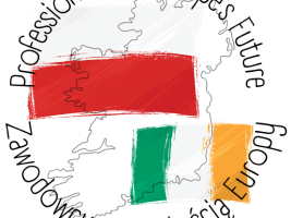 Image showing outline of Ireland island, with flag of Poland and Ireland interposed on it. There are two lines of text curved around it, saying "Professionals are Europe’s Future" and "Zawodowcy przyszłością Europy"
