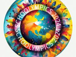 A colorful artistic picture of the earth with people all around it and "Schoolympics 2024" written on it.