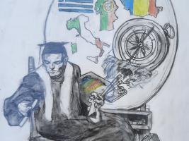 Erasmus is sitting on a chair and he is about to draw a compass and some european countries: Italy, Portugal, Romania and the Greek flag, 