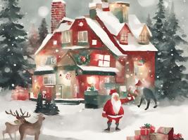A christmassy red house in the middle of the forest with Santa Claus and reindeers.