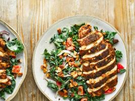 Cumin crusted chicken breast with kale sale and humus by OliveMagazine