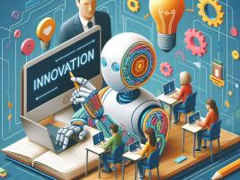 Artificial intelligence tools used in education are robotized and deployed in a classroom environment. Text in image "innovation"
