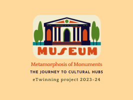 A graphic depiction of a museum building with the project title 'Metamorphosis of Monuments: The Journey to Cultural Hubs' displayed under it.