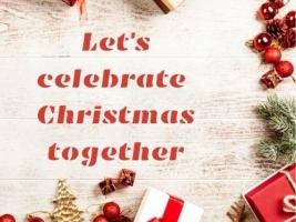 The image shows Christmas ornaments and the project title Let's celebrate Christmas together.