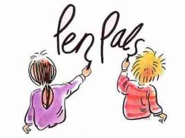 A girl and a boy writing the word Pen Pals
