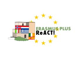 Erasmus Plus ReACT! One building, six flags, surrounded by the stars of the European Union flag.