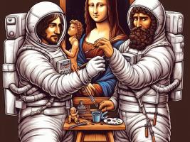Leonardo da Vinci and Michelangelo in space suits in front of Mona Lisa.