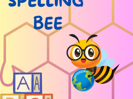 A bee holding a globe and cubes with letters.