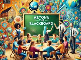 This image beautifully represents the spirit of the "Beyond the Blackboard" project. It showcases a group of diverse students, aged 9-12, gathered around a table, actively engaging in collaborative learning. The central chalkboard displays the project tit