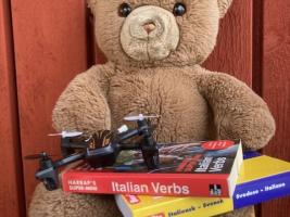 Teddy on tour with school books and his drone