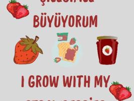 Logomuzda çileğimle büyüyorum yazıyor, çilek ve çilek reçeli görseli de var.Our logo says "I grow with my strawberries" and there are images of strawberries and strawberry jam.