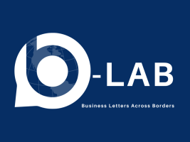 b-lab Logo: a blue b in a speech bubble in front of a worldmap