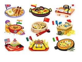 Nine traditional dishes from 9 different countries, accompanied by the countries' flags.
