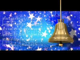 Big gold bell on a blue background with stars.