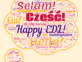 This is a word cloud with key words such as multilingualism,  Happy European Day of languages and the word Hello in different languages. 