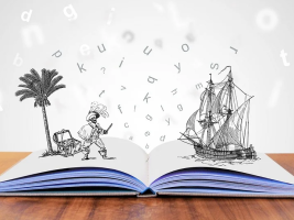 A book with a pirate and a ship
