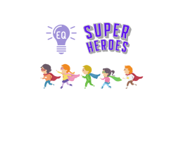Five children dressed as Super Heroes running one behind the other, a light bulb with the initials EQ on it and the phrase "Super Heroes"