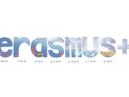 There are the words erasmus+, and they are filled with water and sea live. From the first letter to the last one the water is decreasing and finally it is a desert.
