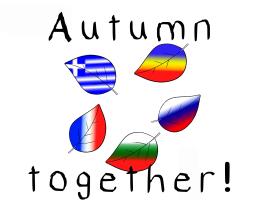 An image of five leaves, each one representing the national flag of collaborating schools. Over the five leaves stands the title "Autumn together!"