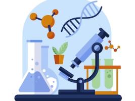 blue microscope, DNA sign, measuring cylinders and a pot with two green leaves