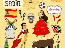 Drapeau d'Espagne, Taureau, Flamenco, moulin à vent, ballon