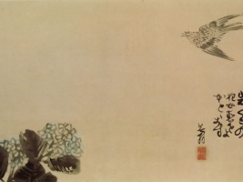 Japanese black ink drawing with bird and flower, including written poem in Japanese hieroglyphs.