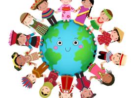 Children around a smiling earth