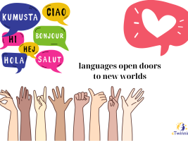 Hands of people of different races use sign language, bubbles with greetings in different languages and a bubble with a heart in it indicating the language of love as well