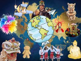 Карта на света с включени символи от български и световни обичаи, традиции и религиозни елементи