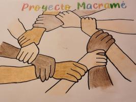 El logo representa muchas manos que juntas crean un círculo. El título es: Proyecto Macramé.