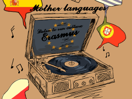 A pick-up (music device) playing a disc which painted in the colors of EU flag, while music notes and the flags of Greece, Poland, Portugal and Spain as "word clouds" are completing the picture (eg. the pickup plays music from the respective countries)
