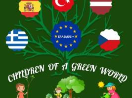 CHILDREN OF A GREEN WORLD phrase in the middle, five flags on the upper part of the logo, Erasmus+ logo in the middle, 3 pictures od green children in the lower part.