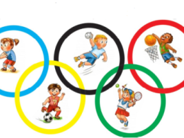 Children are playing different sports in each ring of the Olympics