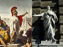 This image juxtaposes a representation of Pericles from the painting "Oraison funèbre de Périclès" by Philippe Foltz and a photo of the statue of Cicero as an orator in front of the Palace of Justice in Rome. 
