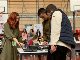 This is a photo of two of our students presenting one of the projects created on the occasion of a STEM competition among high schools in Tirana where they gave an excellent performance.