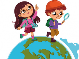 Girl with binoculars and boy with magnifing glass walking on earth