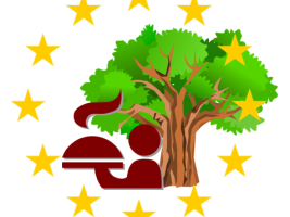 combination of a tree, a person serving food an the stars of the EU symbolizing sustainability and healthcare in the EU