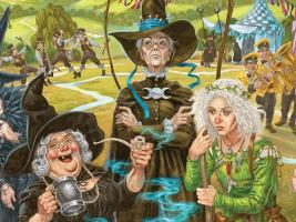 The image depicts the three witches of Terry Pratchett’s novels.