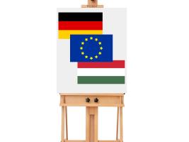 An easel with a canvas showing a german, a hungarian and an EU flag