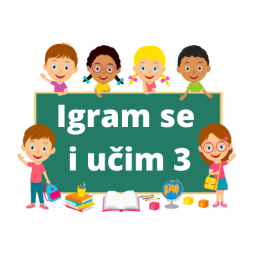 Djeca okupljena oko kolske ploe okruena knjigama i kolskim priborom. Na ploi je naziv projekta: "Igram se i uim 3".